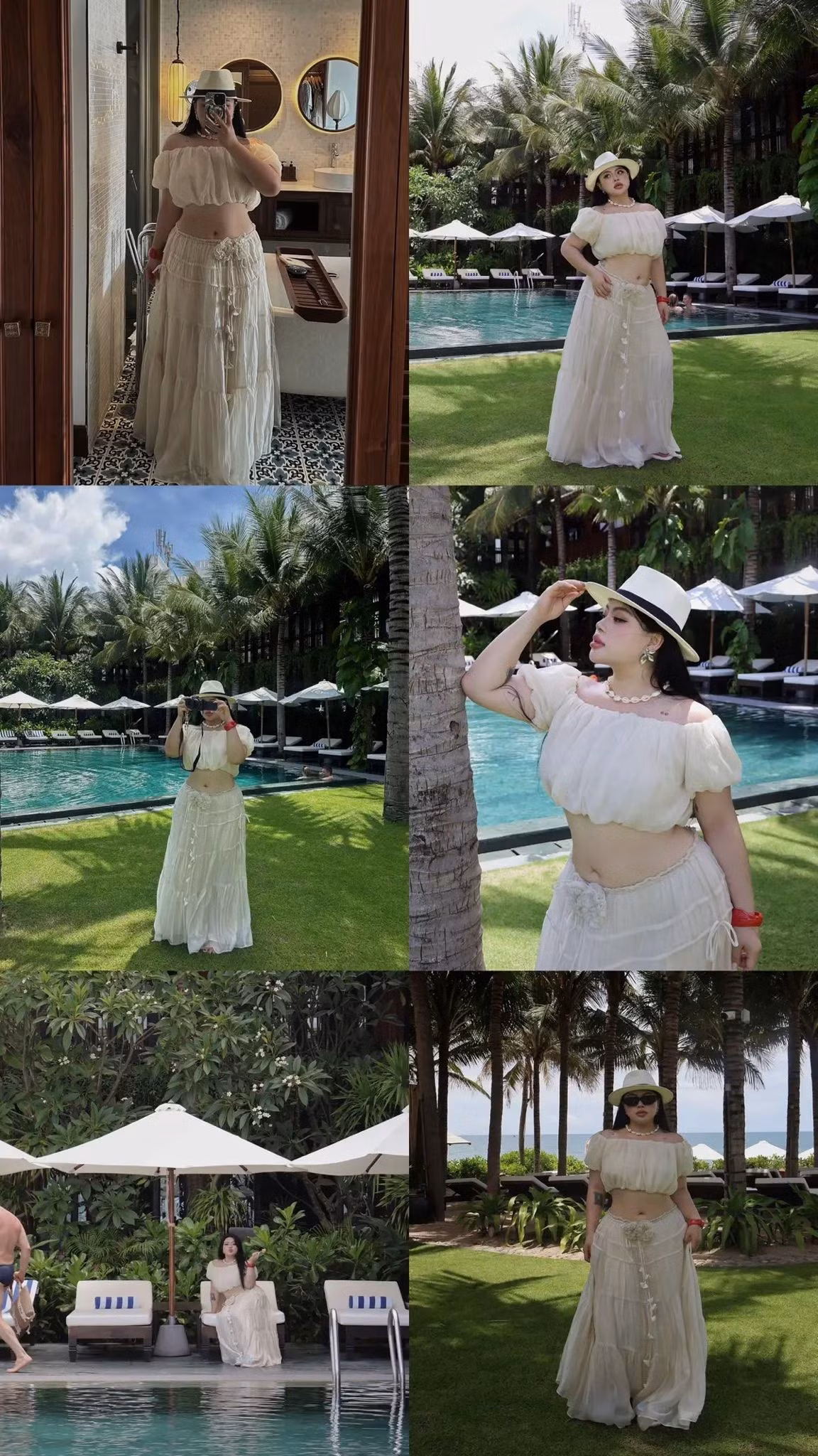 Không thể thiếu trong tủ đồ đi biển của cô nàng mũm mĩm là những set đồ phong cách bohemian phóng khoáng. Cố Hữu Vi diện một set đồ màu kem nhẹ nhàng gồm áo trễ vai croptop và chân váy dài xòe rộng. Chất liệu vải mềm mại, bay bổng cùng kiểu dáng rộng rãi mang lại sự thoải mái tối đa, đồng thời tạo hiệu ứng thon gọn một cách tự nhiên.