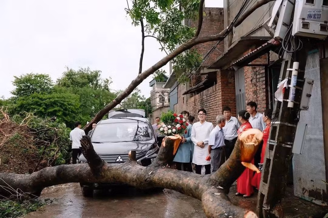Trận bão đã để lại hậu quả là nhiều cây lớn bị đổ chắn ngang đường, tạo nên một khung cảnh khá "hoang tàn" ở vùng quê.