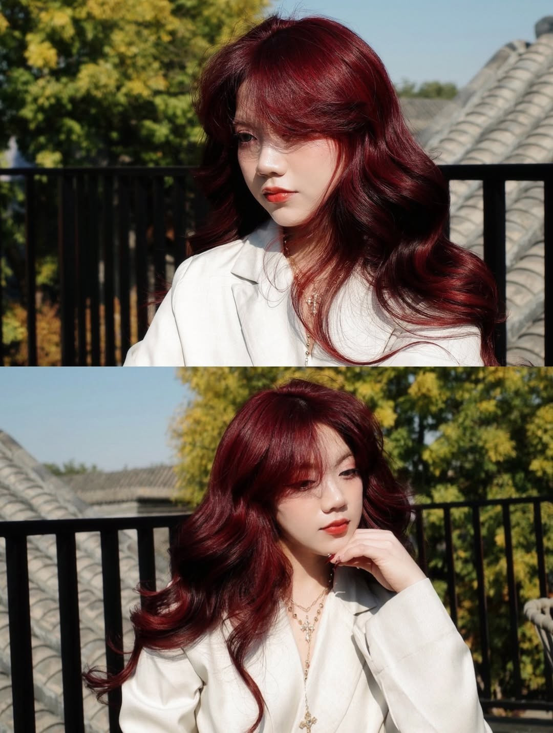 Điểm nhấn không thể rời mắt chính là mái tóc đỏ rực rỡ được uốn xoăn bồng bềnh. Màu tóc này không chỉ là tuyên ngôn cho cá tính mạnh mẽ của Bảo Hân mà còn tạo nên sự tương phản tuyệt vời với bộ trang phục trắng tinh khôi. (Ảnh: IGNV)