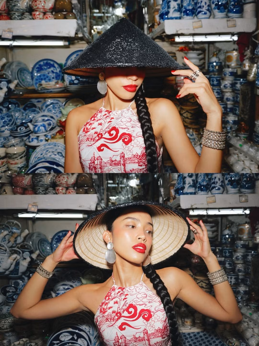 Thay vì chọn những studio lộng lẫy, Lilthu đưa người xem len lỏi qua từng ngóc ngách của chợ Bến Thành. Từ những sạp đồ gốm sứ xanh trắng, sạp trái cây rực rỡ sắc màu của chôm chôm, măng cụt, cho đến cửa Đông biểu tượng, tất cả đều trở thành phông nền hoàn hảo cho những tạo dáng "thần thái" của cô nàng. (Ảnh IGNV)