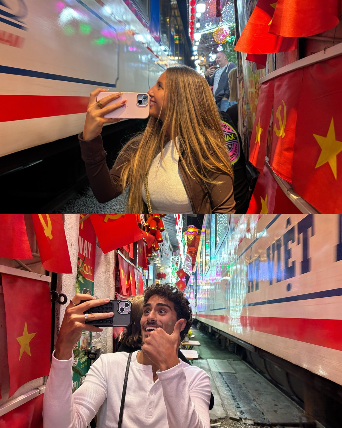Không thể thiếu trải nghiệm tại Phố Đường Tàu nổi tiếng. Cặp đôi bày tỏ sự thích thú cực độ khi tận mắt chứng kiến đoàn tàu đi qua ngay sát cạnh. (Ảnh: IG @kamal_khrr)