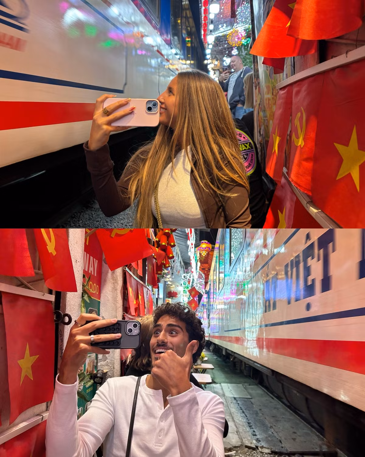 Không thể thiếu trải nghiệm tại Phố Đường Tàu nổi tiếng. Cặp đôi bày tỏ sự thích thú cực độ khi tận mắt chứng kiến đoàn tàu đi qua ngay sát cạnh. (Ảnh: IG @kamal_khrr)