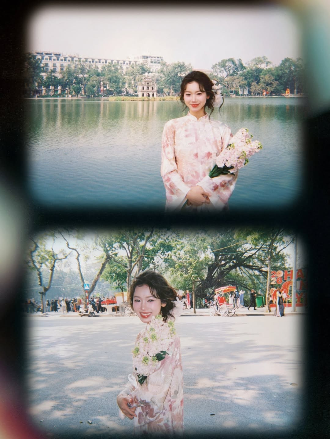 Không thể thiếu khung cảnh Tháp Rùa biểu tượng. Giữa không gian thoáng đãng của bờ Hồ, nụ cười của Meichan càng thêm rạng rỡ, tràn đầy sức sống. (Ảnh: IGNV)