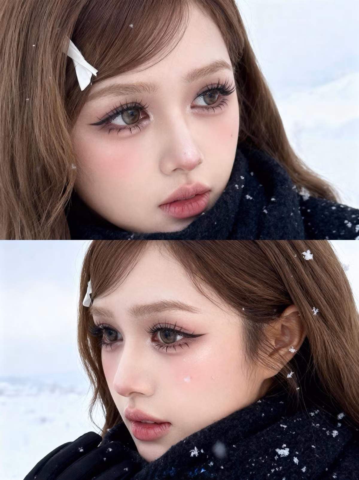 Trong loạt ảnh được chia sẻ, Xoài Non hóa thân thành nàng thơ mùa đông với trang phục tông đen ấm áp với áo khoác phao và chiếc khăn len bản to quấn cổ, tương phản nổi bật với tuyết trắng tinh khôi. (Ảnh: FBNV)