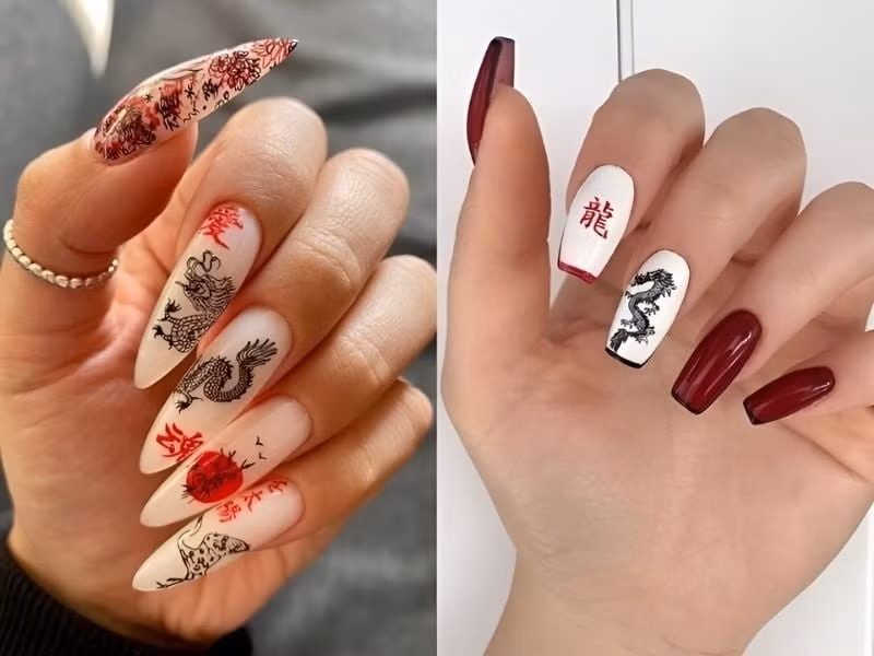 Với những cô nàng cá tính, mẫu nail dài nhọn kết hợp cùng hình vẽ rồng đen, chữ Hán và tông màu đỏ rượu vang là lựa chọn hàng đầu. Đây là phong cách vừa mang hơi thở cổ điển, vừa cực kỳ quyền lực, đảm bảo thu hút mọi ánh nhìn trong những buổi du xuân.