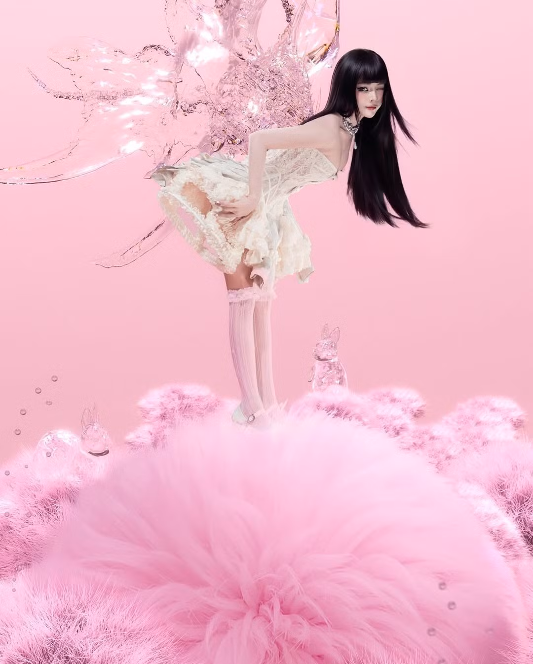 Tông màu hồng pastel xuyên suốt concept tạo nên một không gian mộng mơ, tôn lên làn da trắng sứ và đường nét gương mặt sắc sảo của nữ DJ.