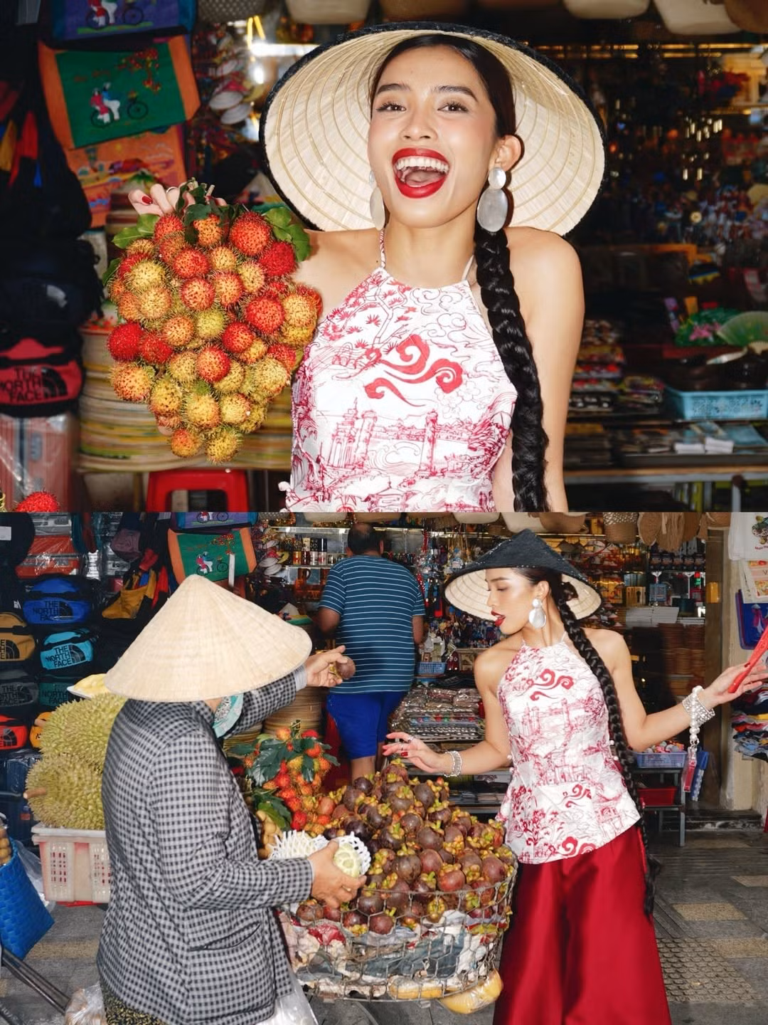 Trong bộ ảnh mới nhất, Lilthu lựa chọn một thiết kế cách điệu từ chiếc áo yếm truyền thống. Điểm nhấn của trang phục nằm ở họa tiết màu đỏ rượu vang trên nền vải trắng, khắc họa những khung cảnh làng quê và kiến trúc cổ xưa. (Ảnh IGNV)