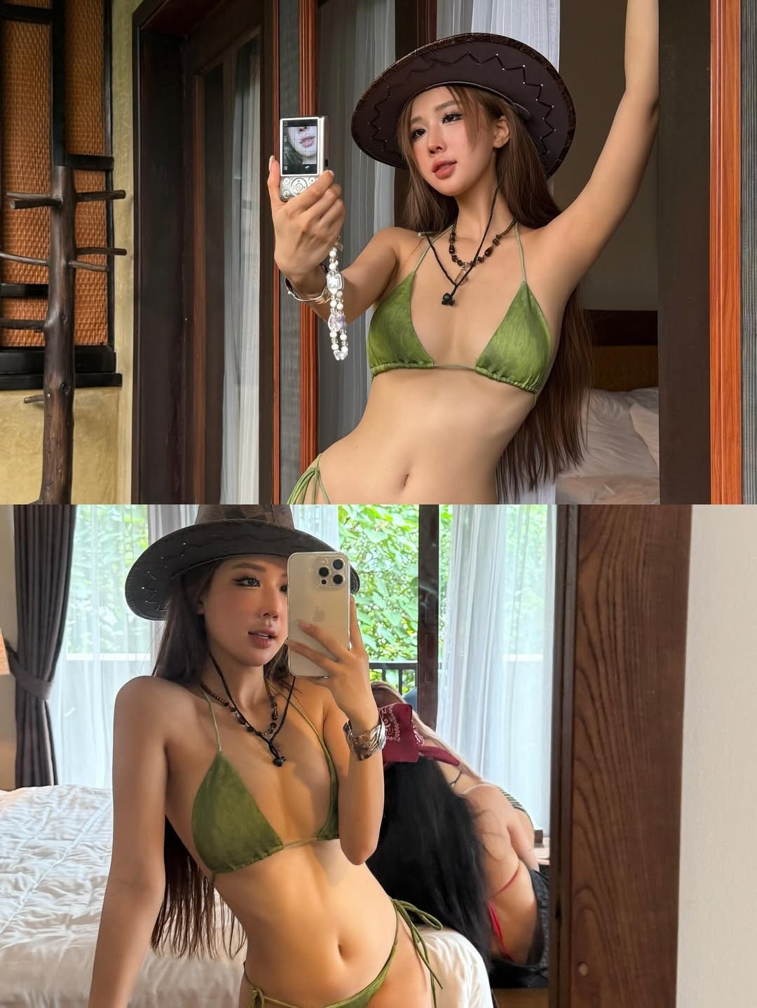 Cô phối cùng boots trắng cao cổ và túi đan tay, tạo nên phong cách phóng khoáng, xen lẫn giữa du mục và hiện đại.