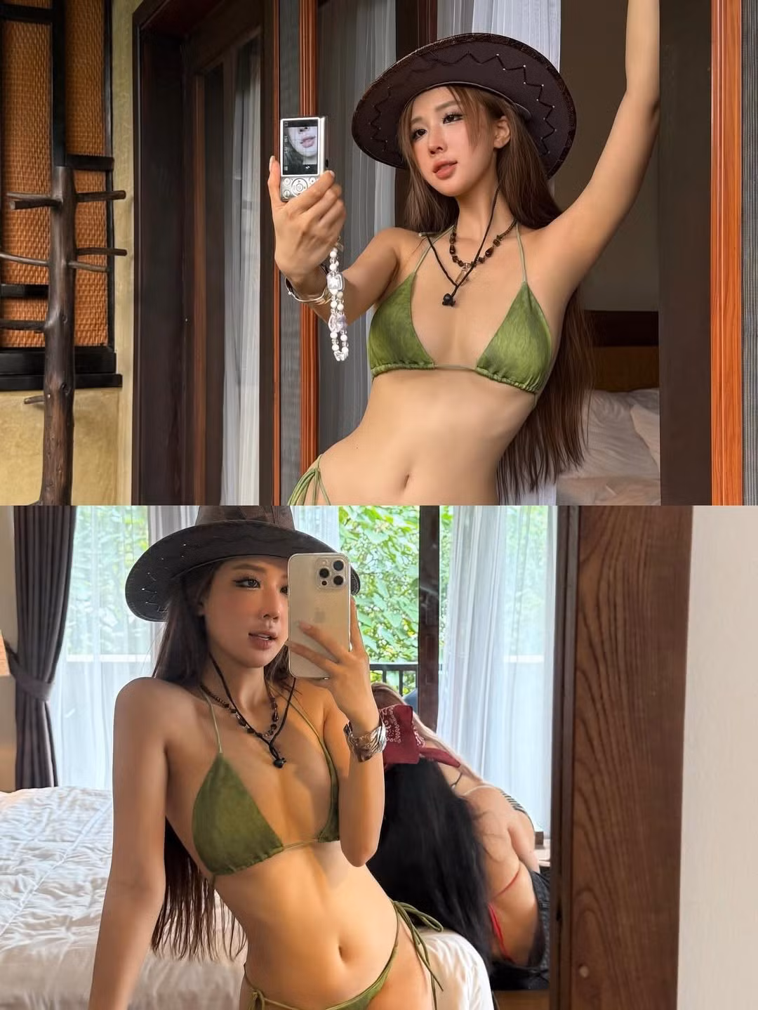 Cô phối cùng boots trắng cao cổ và túi đan tay, tạo nên phong cách phóng khoáng, xen lẫn giữa du mục và hiện đại.