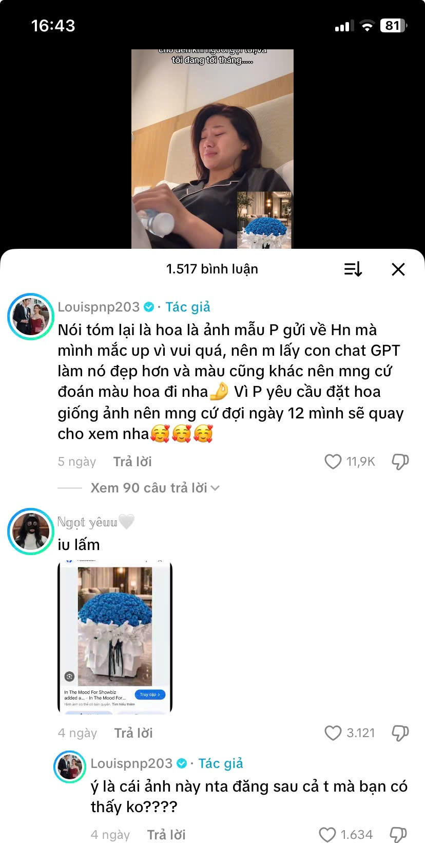 Ở dưới video đó, Louis Phạm đã để lại lời giải thích rằng bó hoa màu xanh thực chất là ảnh mẫu mà Paul Lê gửi về Hà Nội, nhưng cô nàng vui quá nên đã đăng tải sớm. Đồng thời cô cũng thừa nhận rằng bó hoa có màu như vậy do mình đã dùng AI để can thiệp chỉnh sửa. Đồng thời cô hứa sẽ cập nhật hình ảnh thật khi về Hà Nội vào ngày 12/2.