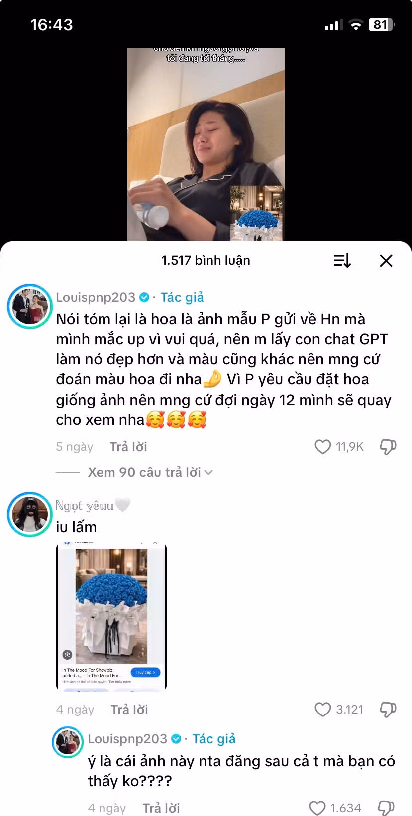 Ở dưới video đó, Louis Phạm đã để lại lời giải thích rằng bó hoa màu xanh thực chất là ảnh mẫu mà Paul Lê gửi về Hà Nội, nhưng cô nàng vui quá nên đã đăng tải sớm. Đồng thời cô cũng thừa nhận rằng bó hoa có màu như vậy do mình đã dùng AI để can thiệp chỉnh sửa. Đồng thời cô hứa sẽ cập nhật hình ảnh thật khi về Hà Nội vào ngày 12/2.