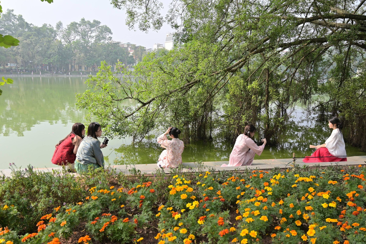 Tháp Rùa xa xăm, cầu Thê Húc đỏ rực hay đơn giản là những rặng liễu rủ ven hồ đều trở thành những "background" đắt giá cho các bộ ảnh.