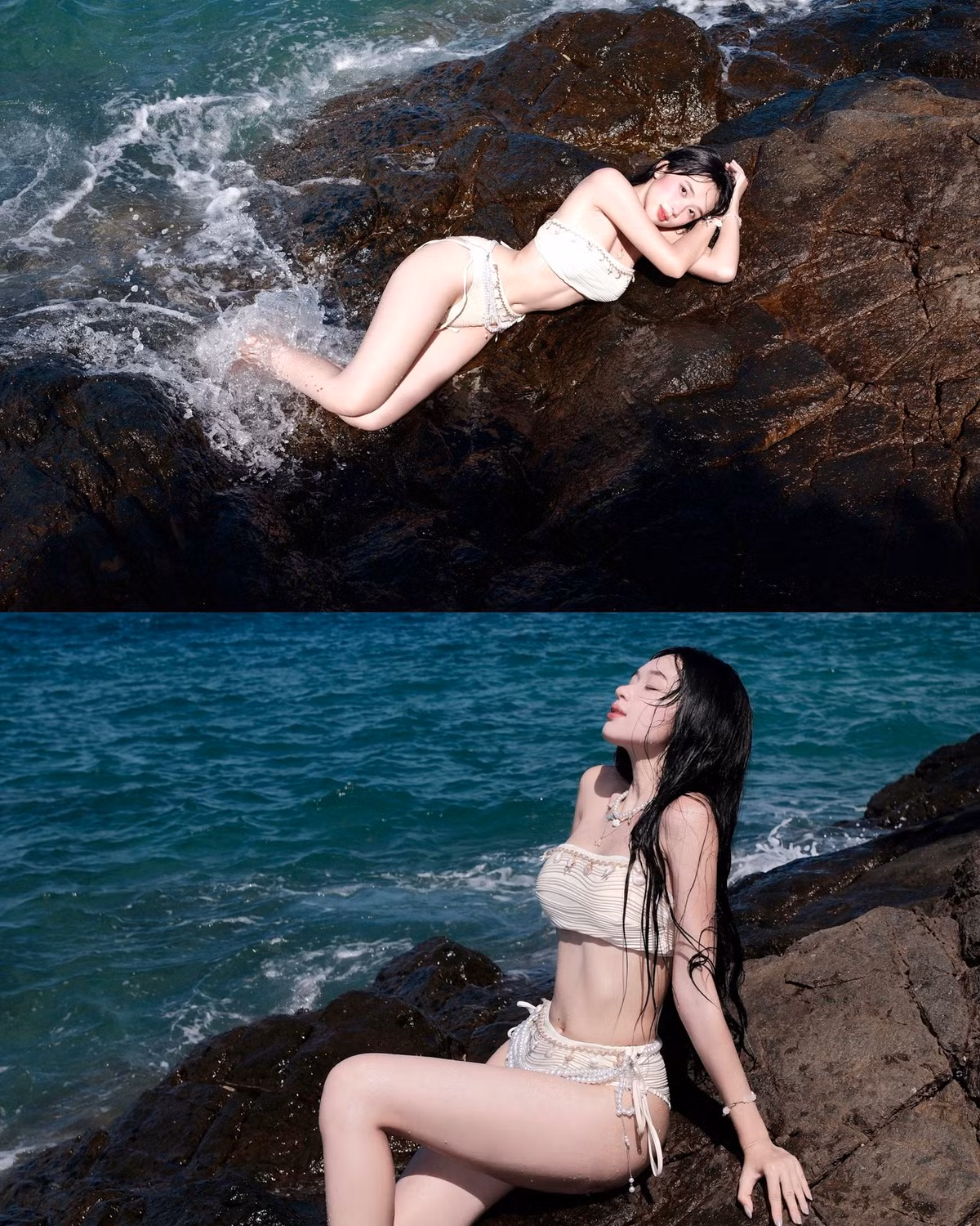 Điều khiến fan không thể rời mắt chính là thần thái và kỹ thuật tạo dáng chuyên nghiệp của Karty Chang. Những giọt nước biển lấp lánh trên làn da như những viên ngọc trai nhỏ, càng tôn lên vẻ đẹp mê hoặc của cô nàng. (Ảnh: FBNV)
