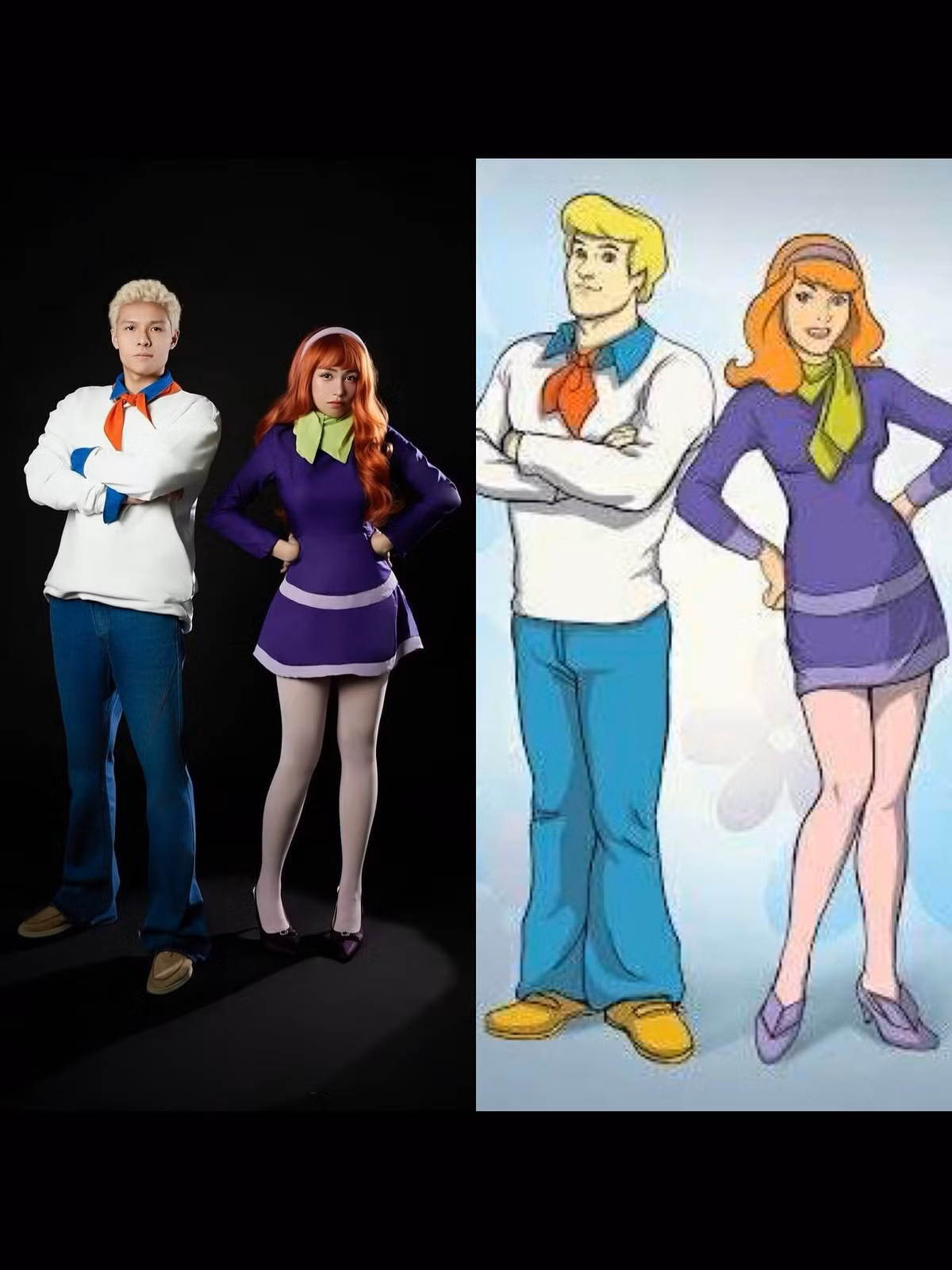 Con gái Minh Nhựa hóa thân thành cô nàng thời trang Daphne một cách hoàn hảo. Bộ váy tím đặc trưng, khăn choàng màu xanh neon, băng đô hồng, và mái tóc đỏ cam bồng bềnh được đầu tư kỹ lưỡng, đặc biệt là thần thái "người đẹp gặp nguy hiểm" nhưng không kém phần sắc sảo của cô nàng. (Ảnh: FBNV)