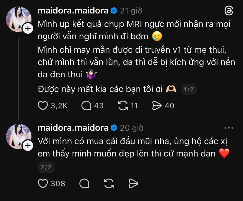 Trong bài đăng sau đó, Mai Dora cũng tranh thủ đập tan những tin đồn và lời bàn tán về vòng 1 của mình. Cô chia sẻ thẳng thắn về kết quả MRI để chứng minh rằng vòng 1 của mình là tự nhiên do di truyền chứ không phải do "bơm" như nhiều người đồn đoán.