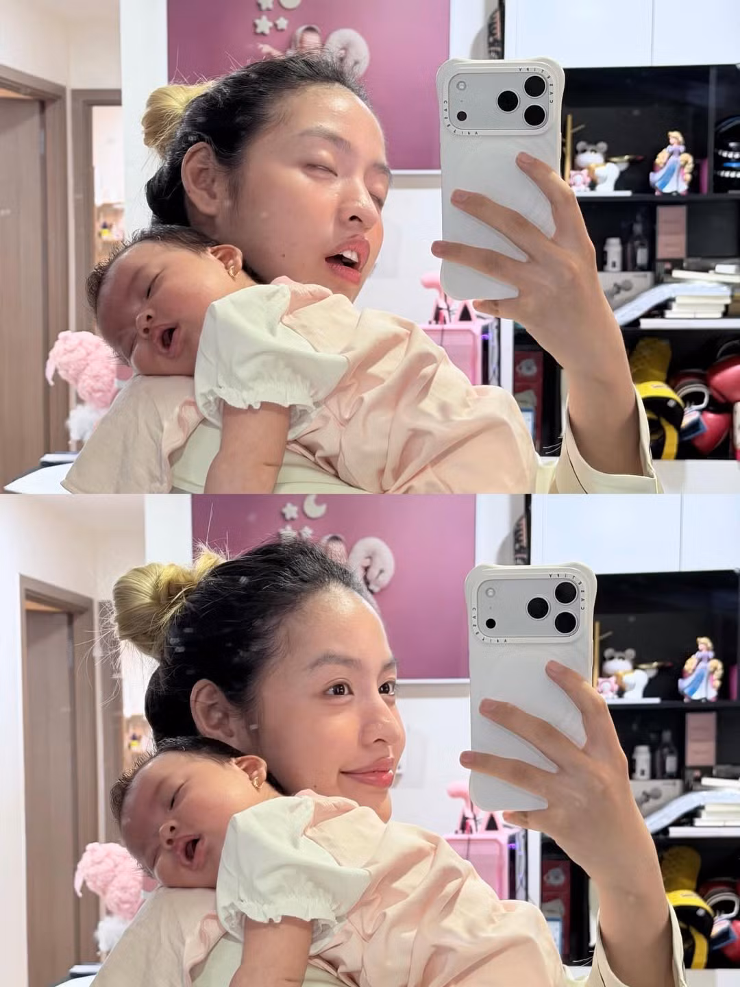 Trong loạt ảnh được đăng tải, Trần Thanh Tâm tự tin khoe nhan sắc mặt mộc 100% khi ở nhà chăm sóc con gái. Dù không son phấn cầu kỳ, làn da của bà mẹ trẻ vẫn giữ được sự căng mịn và tươi tắn. Cô nàng để tóc búi cao gọn gàng, toát lên vẻ đẹp dịu dàng, đúng chất của một "mẹ bỉm sữa". (Ảnh: IGNV)