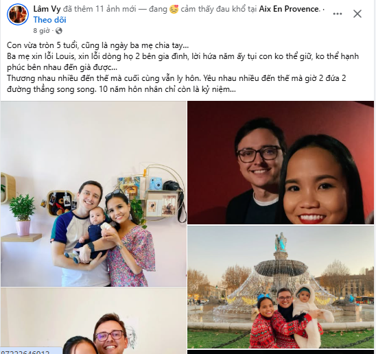 Trên trang cá nhân, Lâm Vy đã đăng tải dòng trạng thái đầy tâm trạng, xác nhận cuộc hôn nhân của mình đã đi đến hồi kết: "Con vừa tròn 5 tuổi, cũng là ngày ba mẹ chia tay... Ba mẹ xin lỗi Louis, xin lỗi dòng họ 2 bên gia đình, lời hứa năm ấy tụi con không thể giữ, không thể hạnh phúc bên nhau đến già được".