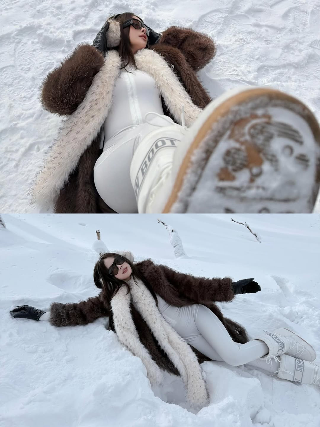 Dù là tạo dáng trên những bậc thang gỗ phủ đầy tuyết, đứng giữa con đường vắng hay nằm giữa rừng cây bạt ngàn, Ngân Hà đều toát lên thần thái cuốn hút. (Ảnh: IGNV)