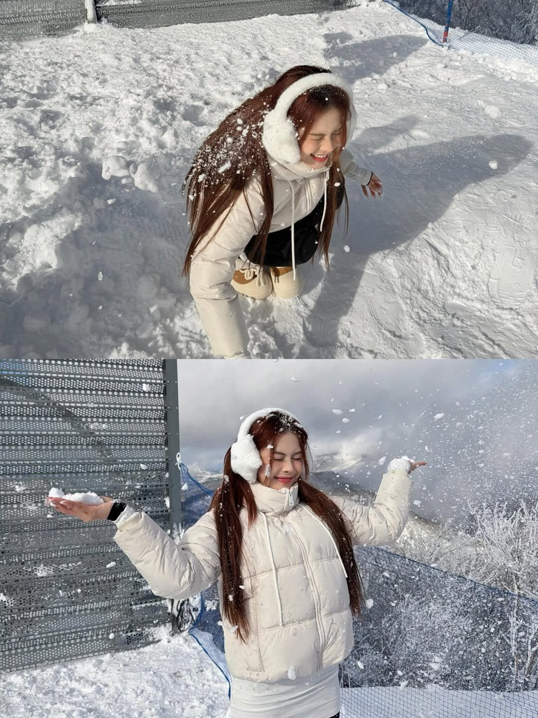 Cô không ngần ngại tạo những dáng vẻ nhí nhảnh, từ việc tung tuyết cho đến những cử chỉ tay hình trái tim ấm áp, mang lại nguồn năng lượng tích cực cho người xem. (Ảnh: IGNV)
