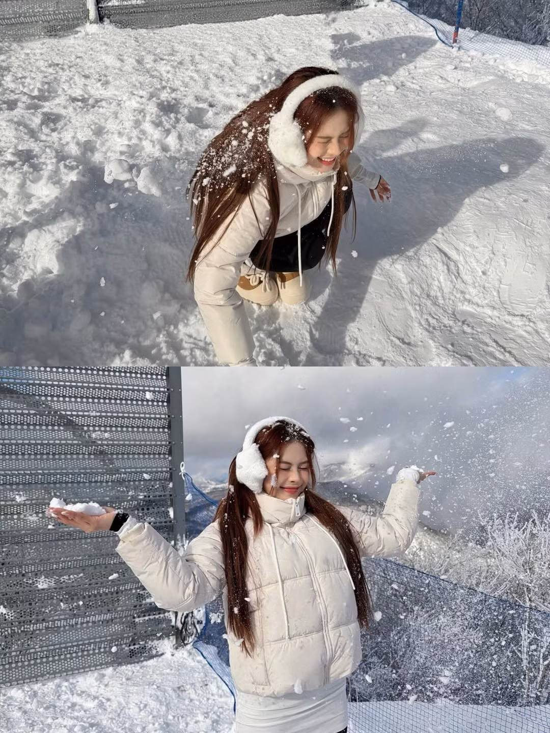 Cô không ngần ngại tạo những dáng vẻ nhí nhảnh, từ việc tung tuyết cho đến những cử chỉ tay hình trái tim ấm áp, mang lại nguồn năng lượng tích cực cho người xem. (Ảnh: IGNV)