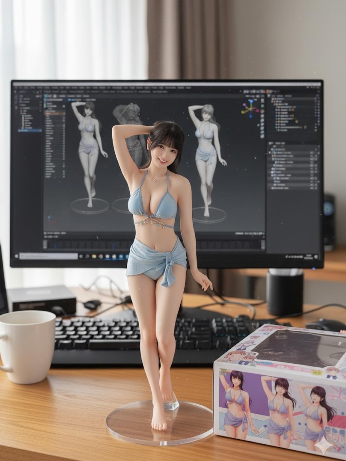 Điểm khiến trend này "viral" chính là độ chi tiết cực cao. Bức ảnh không chỉ tái hiện khuôn mặt người dùng trên mô hình 3D mà còn có cả bao bì phong cách Bandai, đế mica trong suốt, thậm chí là màn hình máy tính hiển thị quá trình dựng hình 3D bằng phần mềm chuyên nghiệp.