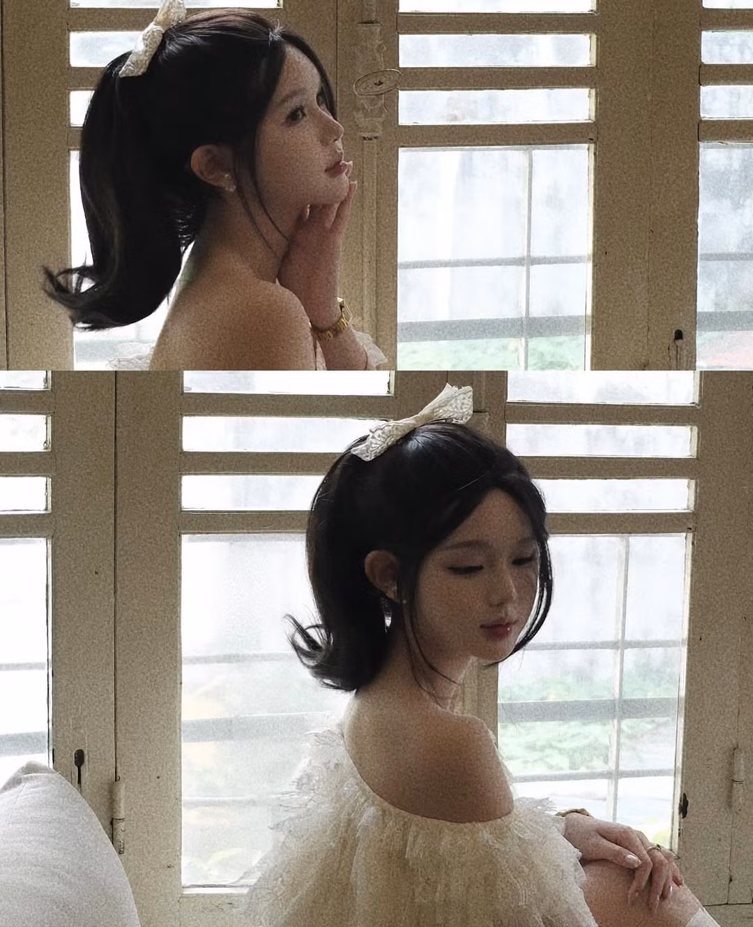 Bối cảnh chụp ảnh với cửa sổ lớn đón ánh sáng tự nhiên, bộ bàn ghế gỗ, đàn piano cũ và quầy bar phong cách vintage càng làm tôn lên vẻ đẹp cổ điển và trong trẻo của nàng hot girl. (Ảnh: IGNV)