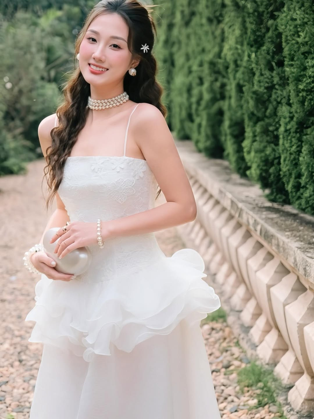 Mái tóc uốn xoăn nhẹ nhàng, điểm xuyết thêm chiếc kẹp hoa nhỏ xinh càng làm tăng thêm vẻ nữ tính, ngọt ngào. (Ảnh: IGNV)