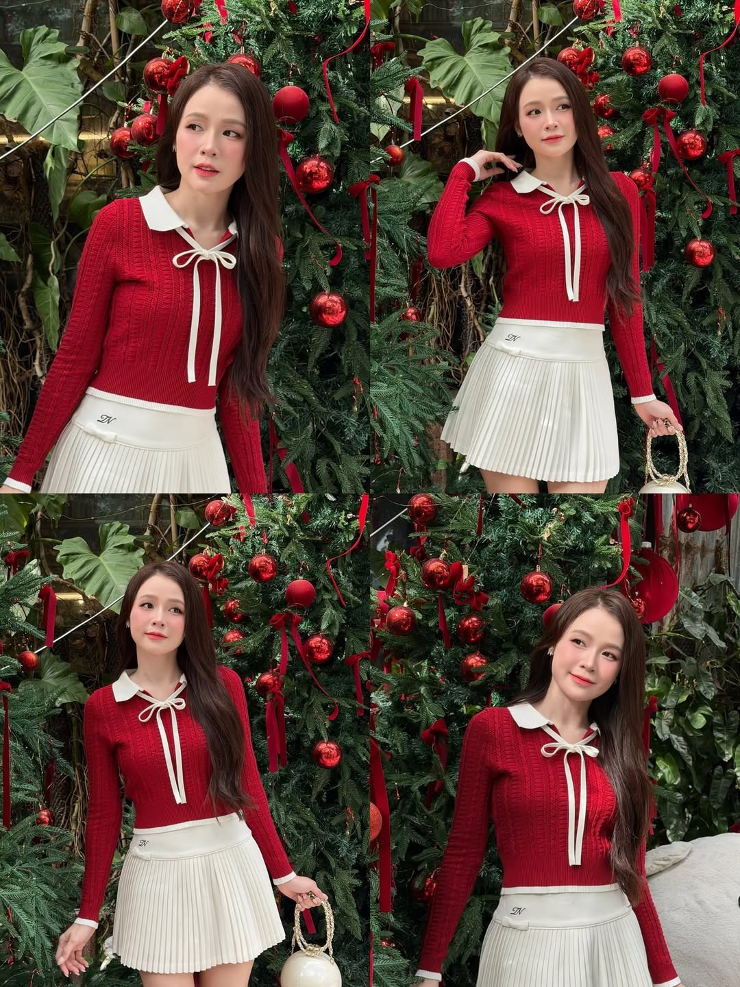 Cô diện một chiếc áo len mỏng dệt kim màu đỏ nổi bật, điểm xuyết cổ áo Peter Pan màu trắng và chiếc nơ thắt điệu đà, mang đến vẻ ngoài vừa ngọt ngào vừa trẻ trung như nữ sinh. (Ảnh: IGNV)