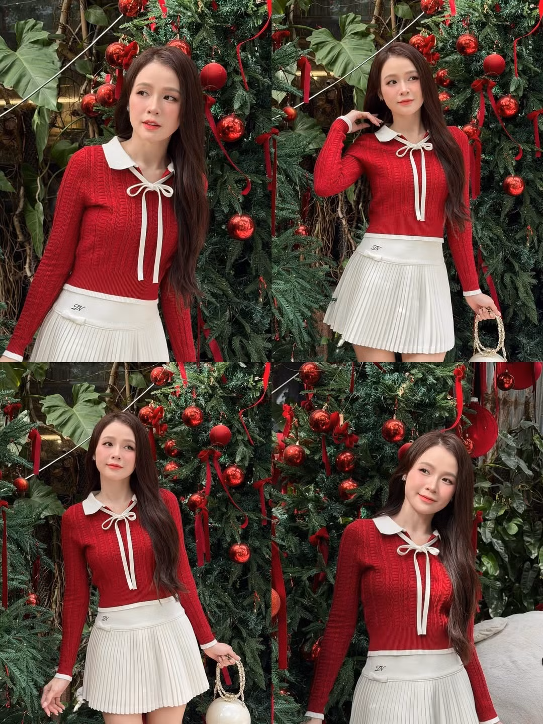 Cô diện một chiếc áo len mỏng dệt kim màu đỏ nổi bật, điểm xuyết cổ áo Peter Pan màu trắng và chiếc nơ thắt điệu đà, mang đến vẻ ngoài vừa ngọt ngào vừa trẻ trung như nữ sinh. (Ảnh: IGNV)