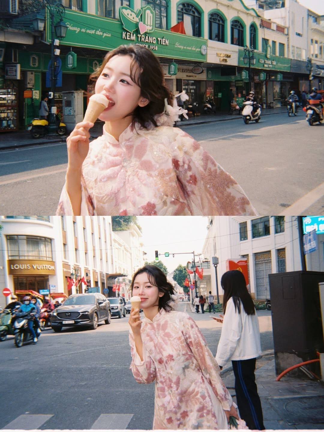 Bộ ảnh đưa người xem dạo quanh những góc phố thân quen nhưng đầy chất nghệ thuật của Hà Nội. Dưới ánh nắng vàng ươm, Meichan tựa như một nàng tiểu thư bước ra từ những thước phim điện ảnh cũ. Những ô cửa sổ xanh rêu và bức tường nhuốm màu thời gian là phông nền hoàn hảo cho tà áo dài hồng. (Ảnh: IGNV)