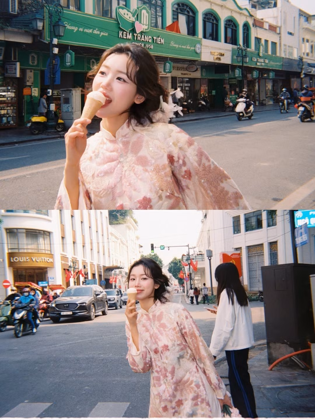 Bộ ảnh đưa người xem dạo quanh những góc phố thân quen nhưng đầy chất nghệ thuật của Hà Nội. Dưới ánh nắng vàng ươm, Meichan tựa như một nàng tiểu thư bước ra từ những thước phim điện ảnh cũ. Những ô cửa sổ xanh rêu và bức tường nhuốm màu thời gian là phông nền hoàn hảo cho tà áo dài hồng. (Ảnh: IGNV)