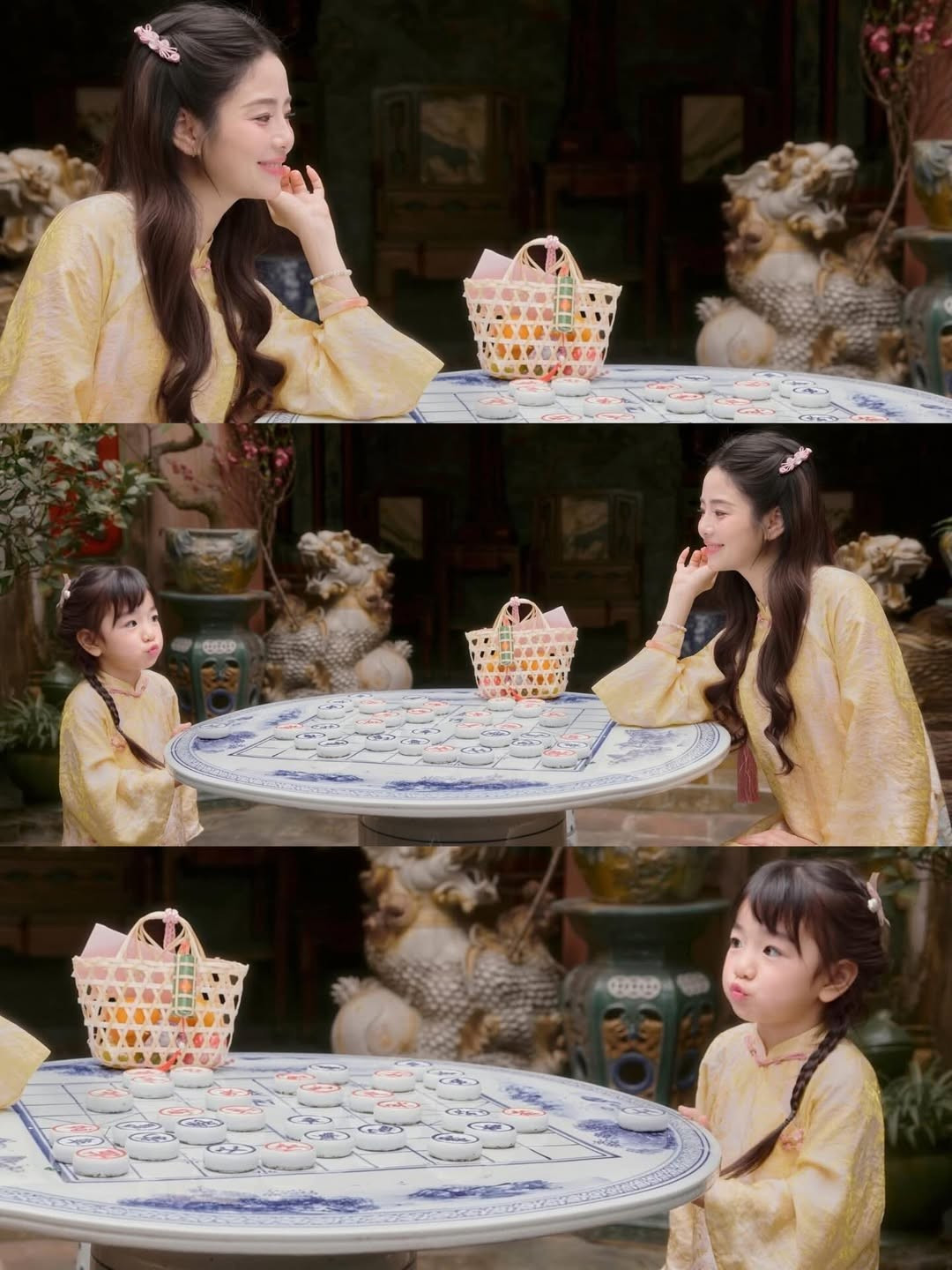 Mọi chi tiết từ kiểu tóc tết điệu đà đến những chiếc kẹp nơ xinh xắn của hai mẹ con đều được chăm chút tỉ mỉ, tạo nên một tổng thể hài hòa và đầy chất thơ. (Ảnh: IGNV)