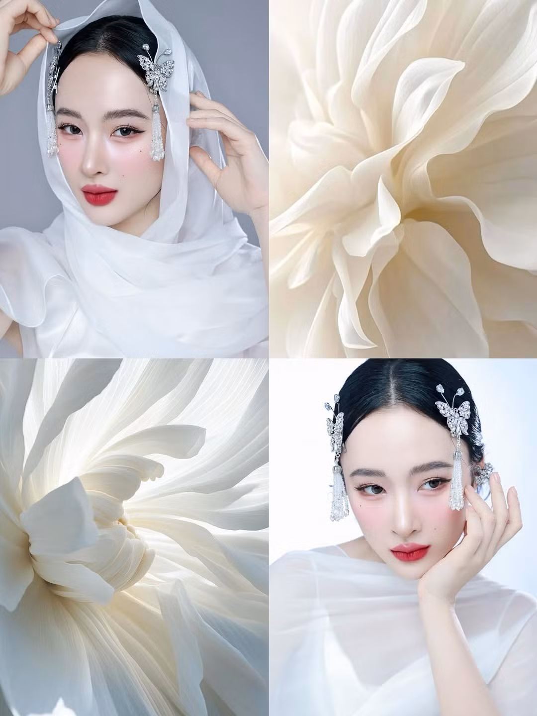 Điểm nhấn đặc biệt chính là những phụ kiện tóc hình cánh bướm tinh xảo và những sợi tua rua lấp lánh được đính kết khéo léo trên mái tóc đen óng ả.