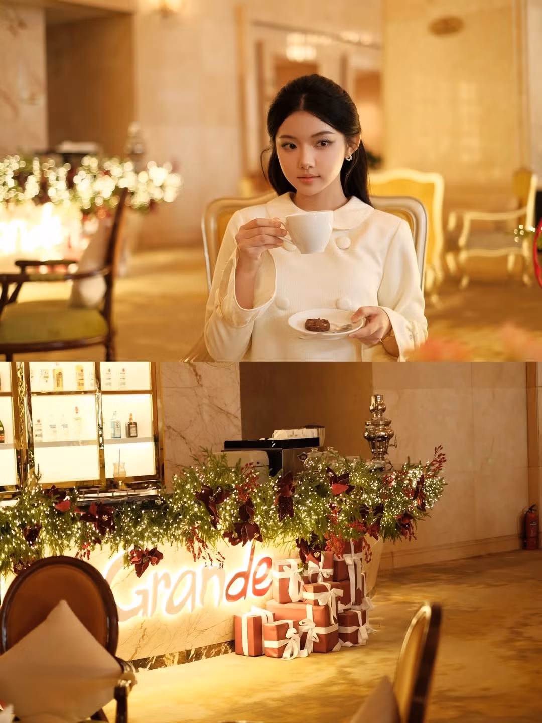 Bộ trang phục không quá cầu kỳ nhưng lại tôn lên trọn vẹn làn da trắng sứ và vóc dáng mảnh mai của cô nàng. Đi kèm là chiếc clutch cầm tay màu vàng ánh kim lấp lánh, tạo điểm nhấn hoàn hảo cho tổng thể vẻ ngoài sang trọng. (Ảnh: IGNV)