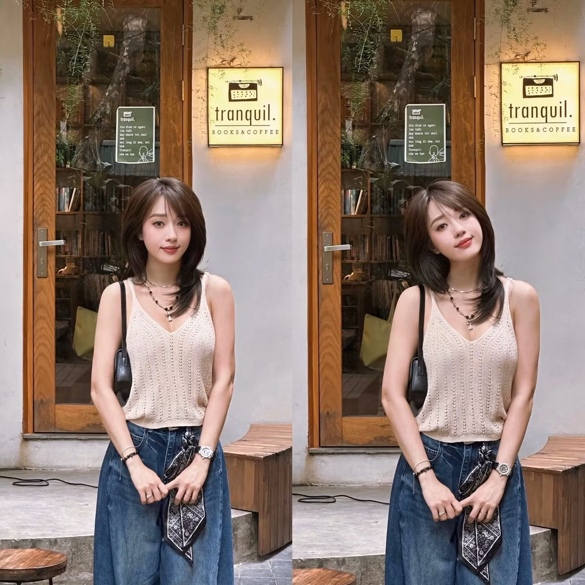 Một set đồ khác cũng thể hiện rõ gu thẩm mỹ của Hà Kim là sự kết hợp giữa áo hai dây dệt kim màu be và quần jeans ống rộng. (Ảnh: Facebook Hà Kim)