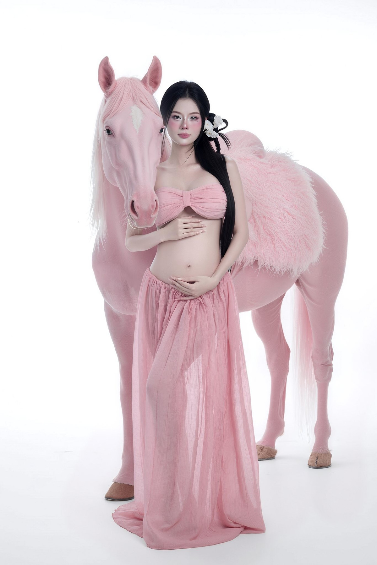 Trong trang phục màu hồng thạch anh, bao gồm chiếc áo quây thắt nơ kiểu nơ bướm và chân váy voan mỏng manh, cô nàng khoe trọn bụng bầu đang lớn một cách duyên dáng và nghệ thuật. (Ảnh: FBNV)