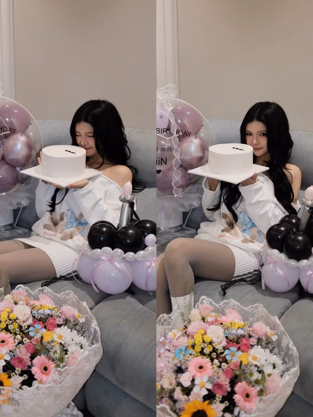 Không gian tiệc được trang trí chủ đạo bằng bong bóng màu tím, đen, và xanh dương pastel, cùng với bó hoa tươi rực rỡ. Bánh kem trắng đơn giản nhưng sang trọng cũng là điểm nhấn trong loạt ảnh. (Ảnh: IGNV)