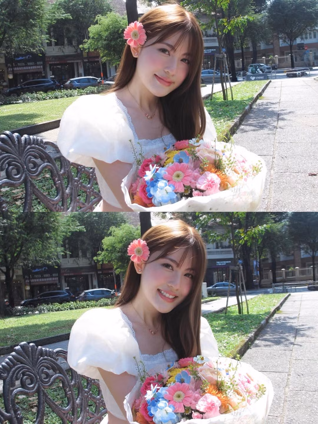 Điểm nhấn "đốn tim" chính là nụ cười tươi tắn, ánh mắt long lanh và cách tạo dáng tự nhiên, duyên dáng của Mỹ Hàn khi ngồi trên ghế đá. (Ảnh: IGNV)