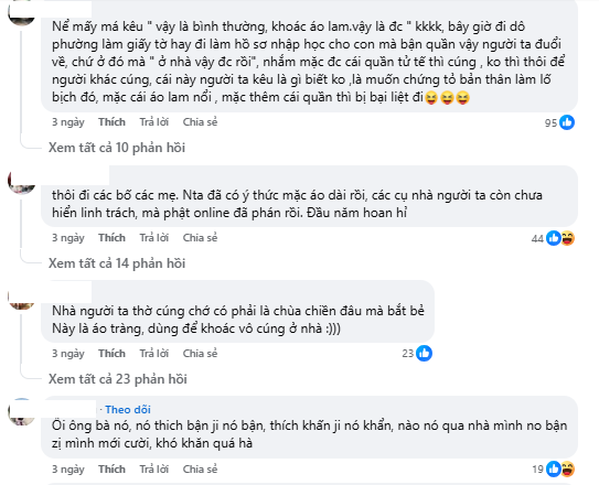 Ngược lại, không ít người bày tỏ sự thông cảm, cho rằng đây là việc riêng tại nhà và không nên quá khắt khe. Một số người chia sẻ thói quen ở quê hoặc tại gia thường mặc đồ thoải mái, khi thắp hương chỉ cần khoác thêm chiếc áo dài cho lịch sự phía trên là đủ.