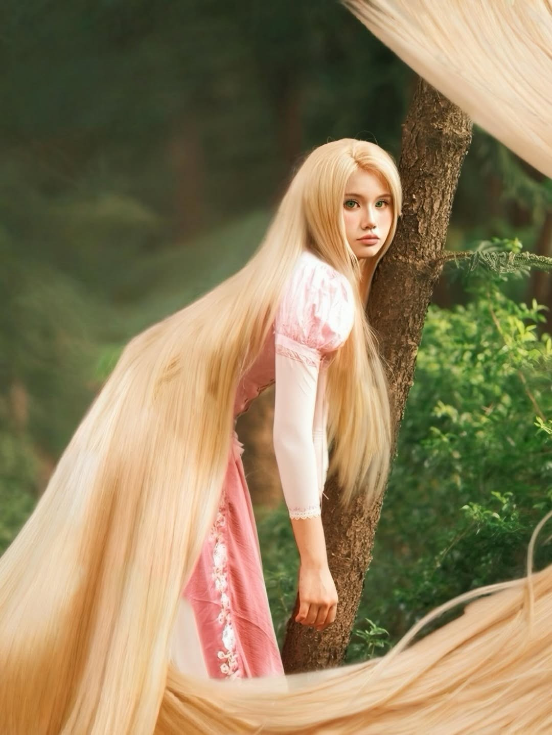 Khánh Vy diện chiếc váy hồng, mái tóc vàng siêu dài được tạo hình như một sợi dây leo vướng víu trong rừng. (Ảnh: @_nnviy004_)