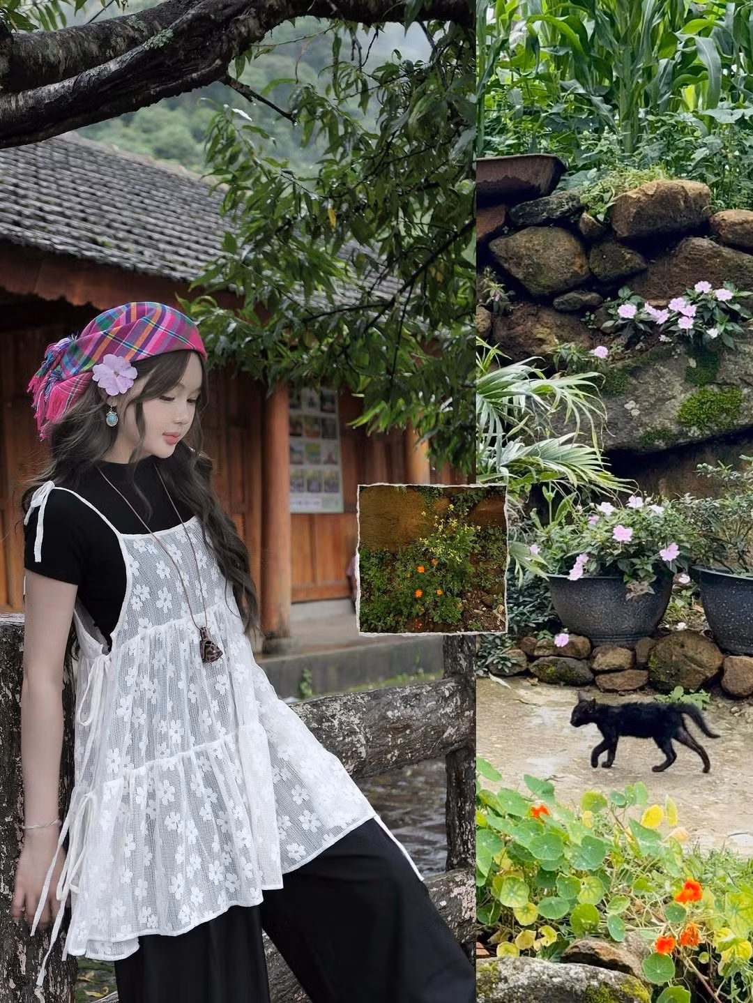 Chiếc khăn quấn đầu mang đậm dấu ấn thổ cẩm rực rỡ sắc màu, cùng bông hoa dại nhỏ cài nhẹ nhàng trên tóc, đã tạo nên điểm nhấn đặc biệt, vừa toát lên vẻ đẹp mộc mạc, gần gũi của cô gái vùng cao, vừa pha chút hiện đại, cá tính.