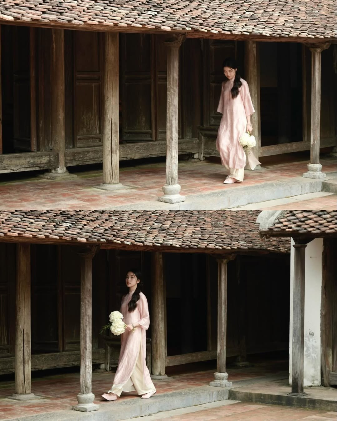 Ánh sáng tự nhiên nhẹ nhàng, kết hợp cùng tông màu trầm của gỗ và tường đất, làm nổi bật làn da trắng và vẻ đẹp trong trẻo của Trịnh Hà Vi. (Ảnh: IGNV)