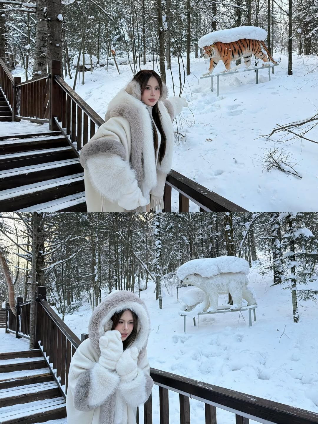 Điểm nhấn của bộ trang phục chính là chiếc áo khoác lông xù sang chảnh và đôi boots cao cổ đồng điệu, tạo nên tổng thể vừa ấm áp, vừa thời thượng. (Ảnh: IGNV)