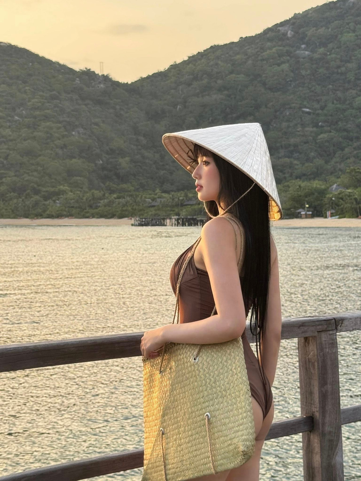 Trong các bức ảnh, Tâm Tít diện bộ monokini liền thân màu nâu, với thiết kế ôm sát tôn lên đường cong cơ thể. (Ảnh: FBNV)