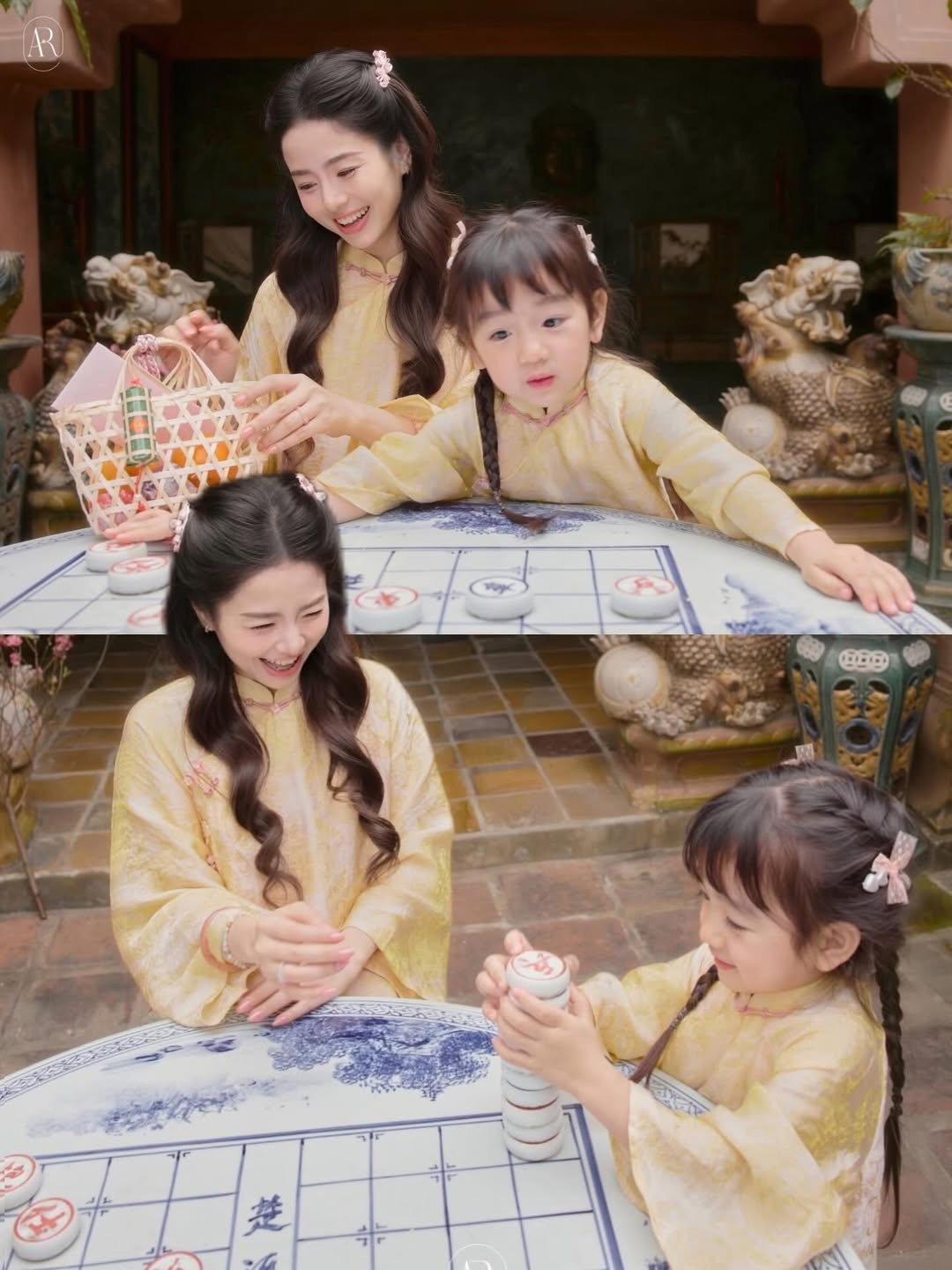 Trong bộ ảnh, hai mẹ con lựa chọn thiết kế áo dài dáng suông truyền thống với tông màu vàng mơ nhã nhặn, điểm xuyết họa tiết chìm tinh tế. (Ảnh: IGNV)