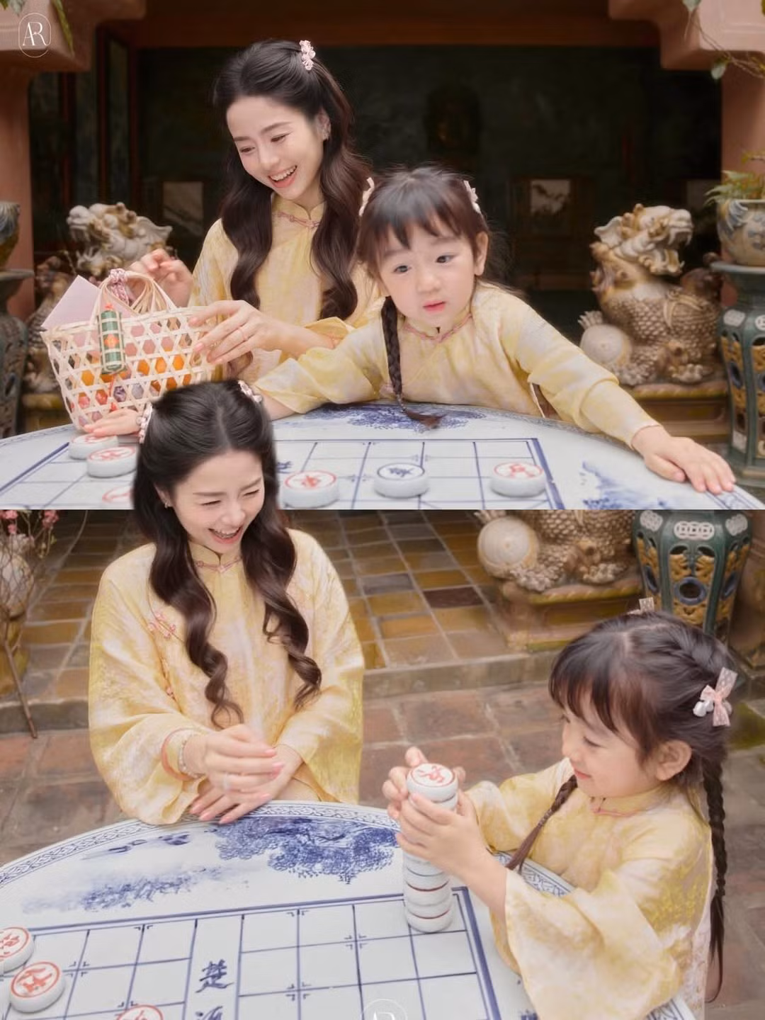 Trong bộ ảnh, hai mẹ con lựa chọn thiết kế áo dài dáng suông truyền thống với tông màu vàng mơ nhã nhặn, điểm xuyết họa tiết chìm tinh tế. (Ảnh: IGNV)