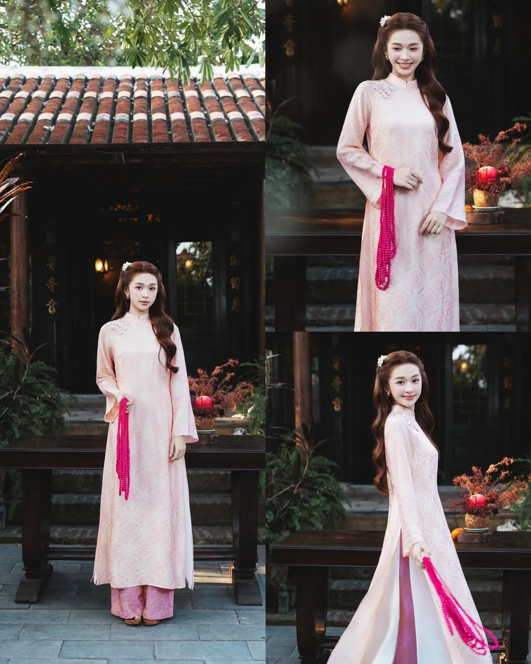 Bộ áo dài hồng với họa tiết hoa nhí li ti mang đến cảm giác gần gũi, dịu dàng. Điểm xuyết trên vai là chi tiết đính kết thủ công tỉ mỉ. Karty Chang kết hợp cùng chuỗi hạt đeo tay màu hồng đậm, tạo nên sự tương phản thú vị, giúp tổng thể trang phục thêm phần ấn tượng và đậm chất nghệ thuật. (Ảnh: IGNV)