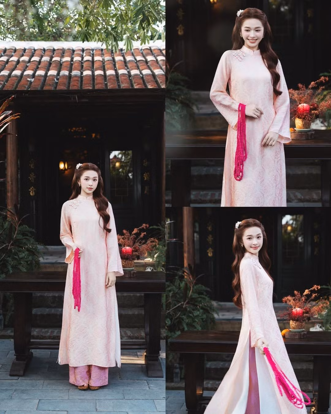 Bộ áo dài hồng với họa tiết hoa nhí li ti mang đến cảm giác gần gũi, dịu dàng. Điểm xuyết trên vai là chi tiết đính kết thủ công tỉ mỉ. Karty Chang kết hợp cùng chuỗi hạt đeo tay màu hồng đậm, tạo nên sự tương phản thú vị, giúp tổng thể trang phục thêm phần ấn tượng và đậm chất nghệ thuật. (Ảnh: IGNV)