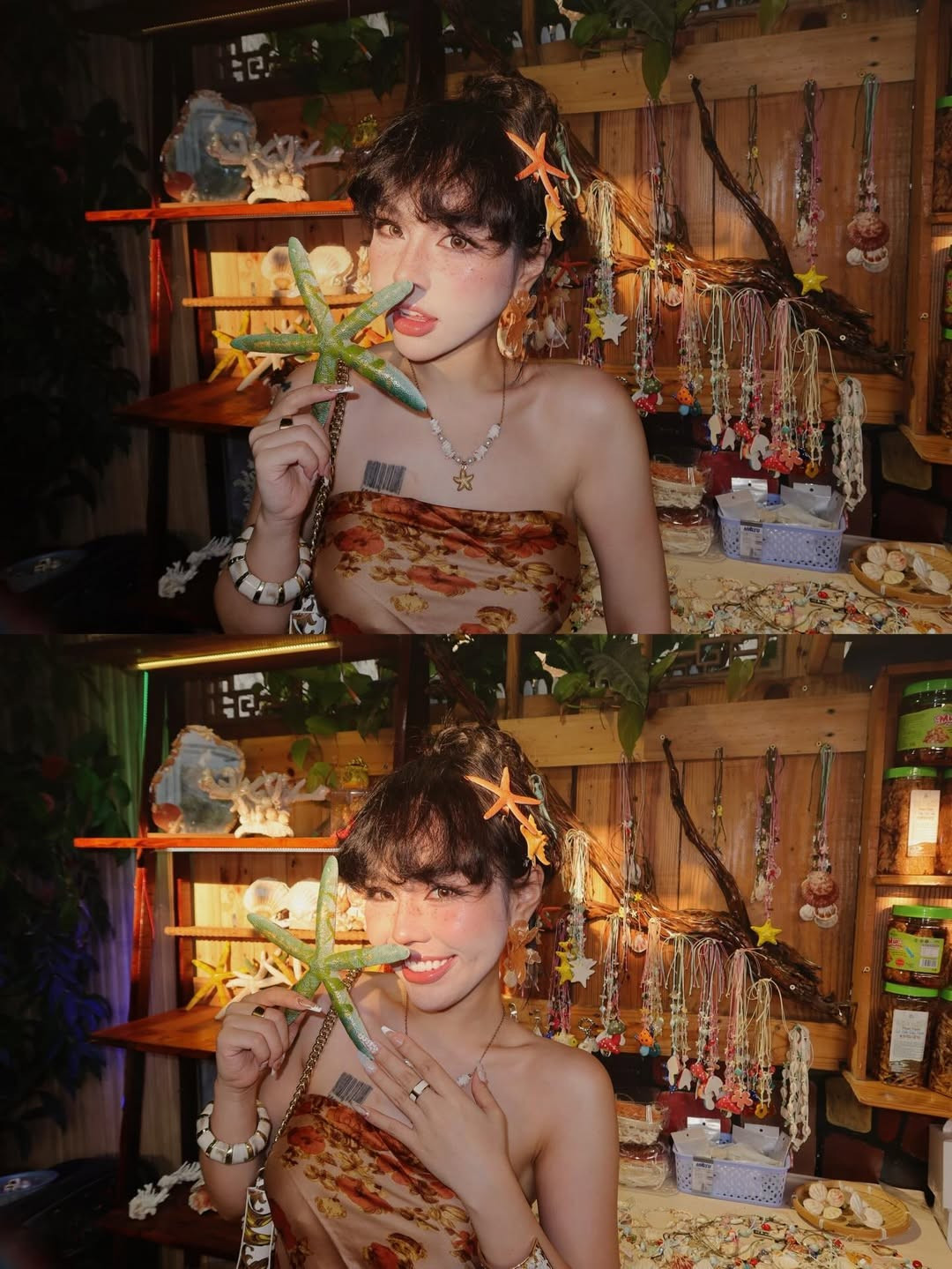 Chiếc áo quây được biến tấu từ khăn lụa với họa tiết hoa mang tông màu trầm ấm, giúp tôn lên bờ vai trần thon thả và làn da trắng mịn màng. Kết hợp với đó là quần short jeans rách gấu tạo nên vẻ ngoài khỏe khoắn, đúng chất một chuyến du lịch đầy trải nghiệm. (Ảnh: IGNV)