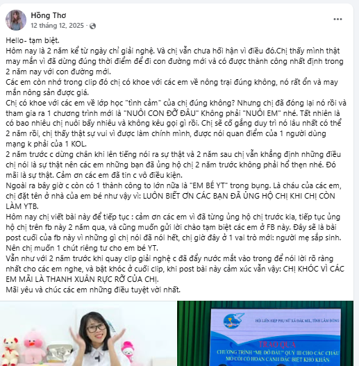 Trước đó, trong bài đăng kỷ niệm 2 năm ngày "giải nghệ", Thơ Nguyễn cũng tiết lộ em bé trong bụng có tên thân mật ở nhà là YT - một cái tên mang ý nghĩa nhắc nhở về sự biết ơn đối với những khán giả đã ủng hộ cô từ thời làm YouTube.